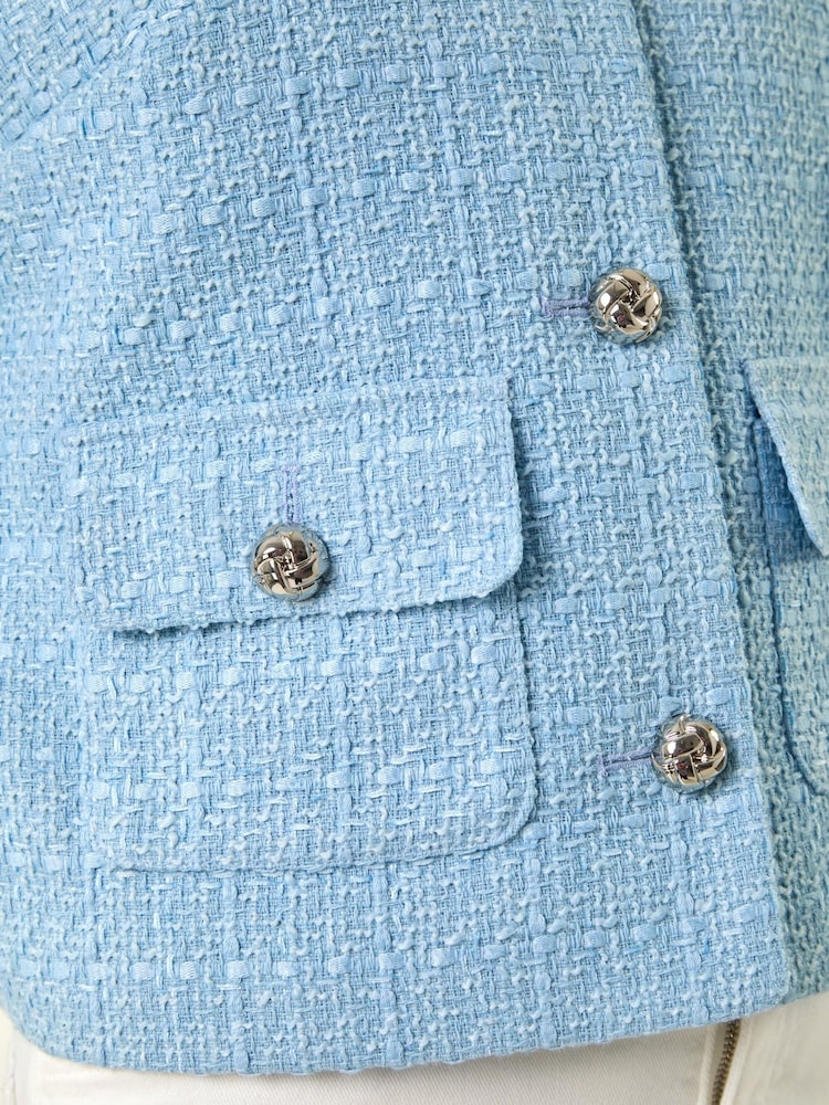 Roman Blue Collarless Buttoned Boucle Jacket - Image 5 of 5