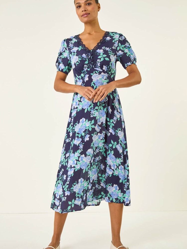 Roman Blue Floral Lace Trim Midi Dress - Image 2 of 5