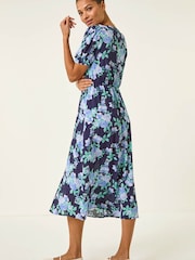 Roman Blue Floral Lace Trim Midi Dress - Image 3 of 5