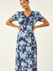 Roman Blue Floral Lace Trim Midi Dress - Image 4 of 5