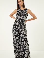 Roman Black Floral Chiffon Belted Jumpsuit - Image 2 of 5
