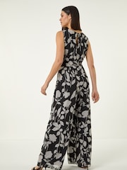 Roman Black Floral Chiffon Belted Jumpsuit - Image 3 of 5