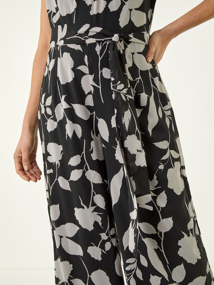 Roman Black Floral Chiffon Belted Jumpsuit - Image 5 of 5