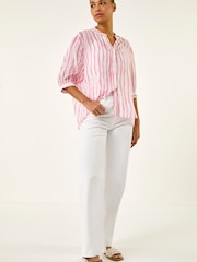 Roman Pink Stripe Print V-Neck Blouse - Image 1 of 5