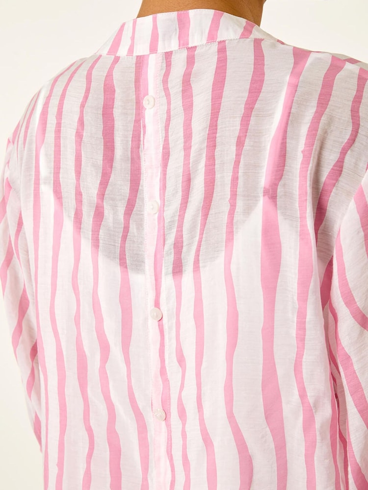 Roman Pink Stripe Print V-Neck Blouse - Image 6 of 6