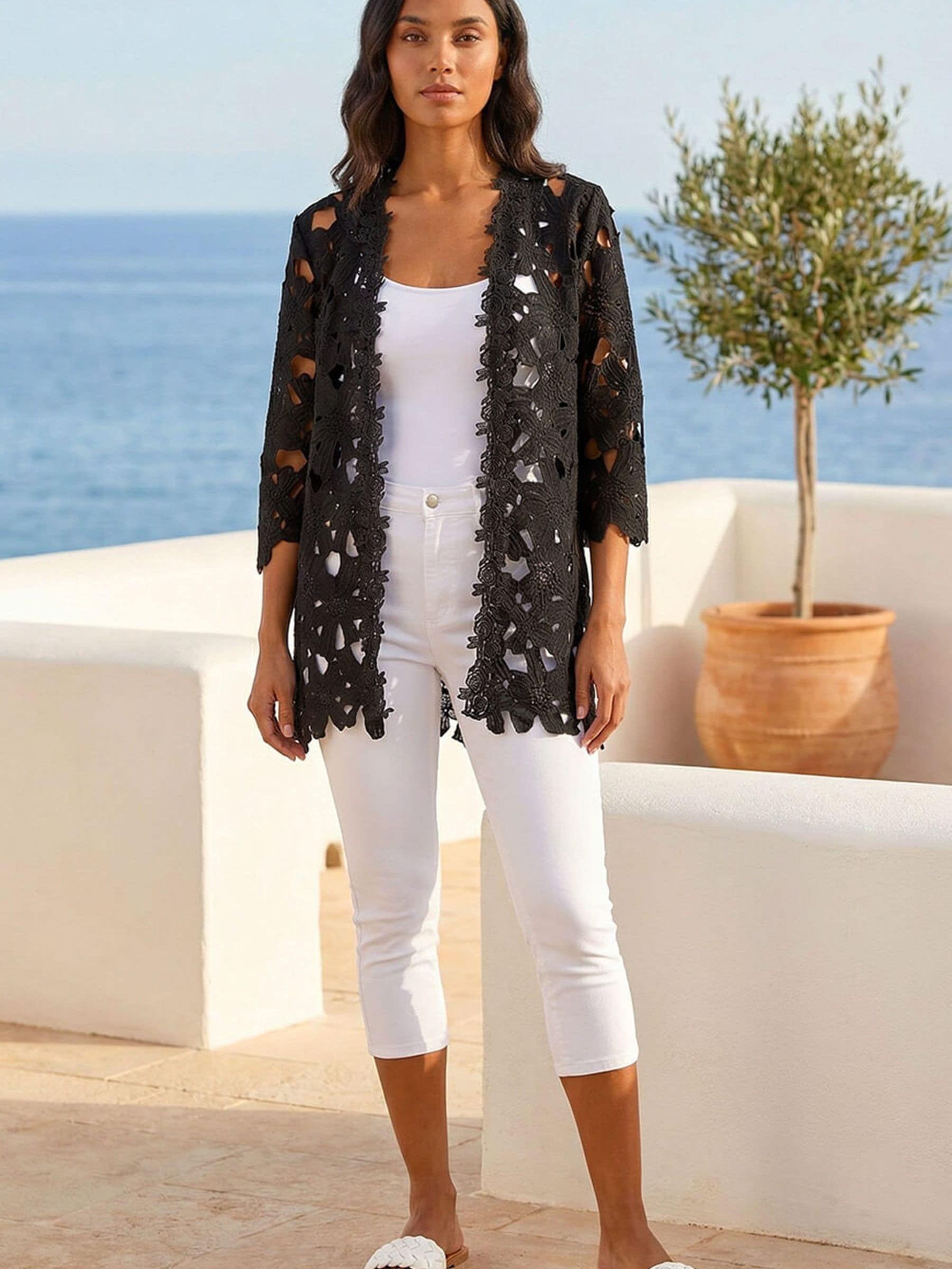 Buy Roman Black Crochet Lace Longline Jacket from the Next UK