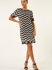 Roman Black Zig Zag Crochet Shift Dress - Image 2 of 5