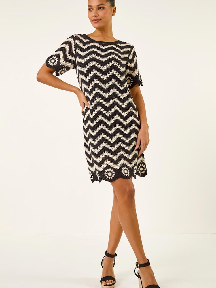 Roman Black Zig Zag Crochet Shift Dress - Image 2 of 5