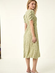 Roman Green Polka Dot Ruched Sleeve Midi Dress - Image 3 of 5