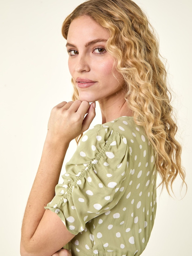 Roman Green Polka Dot Ruched Sleeve Midi Dress - Image 6 of 6