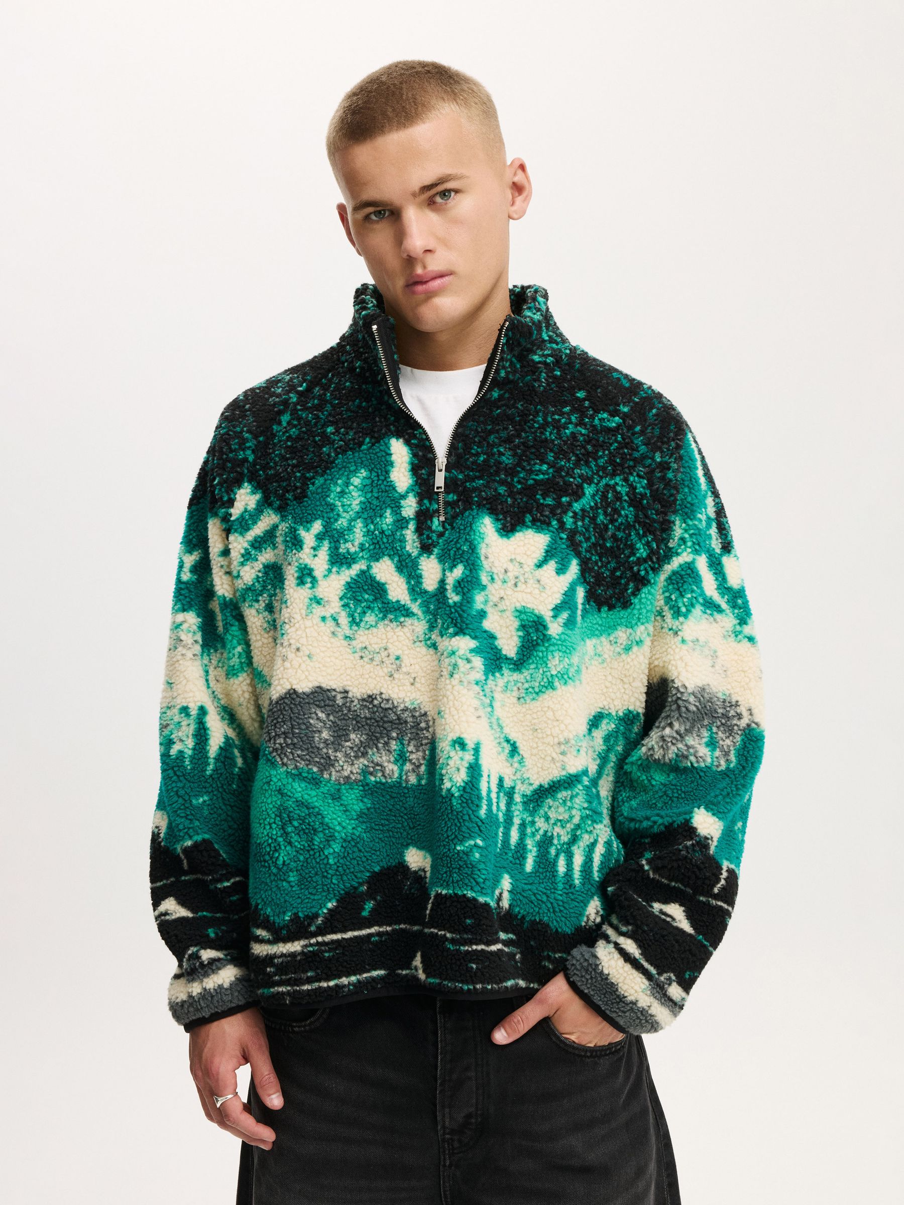 Buy Cotton On Green Multi Mountains Quarter Zip Teddy Fleece from