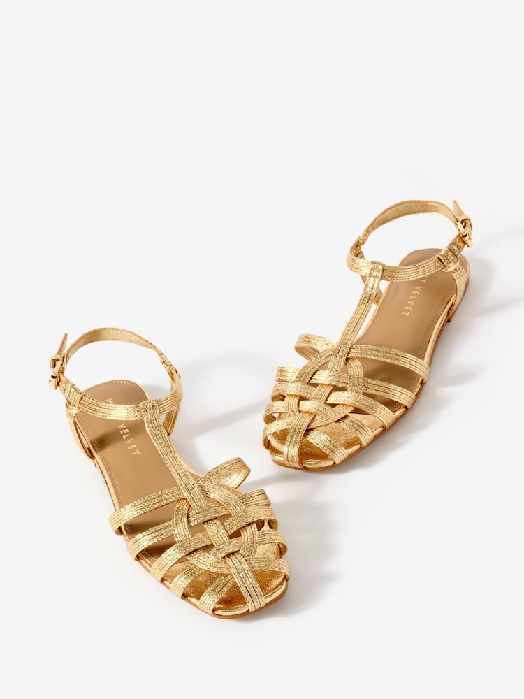 Mint Velvet Gold Hollie Woven Flat Sandals - Image 1 of 2