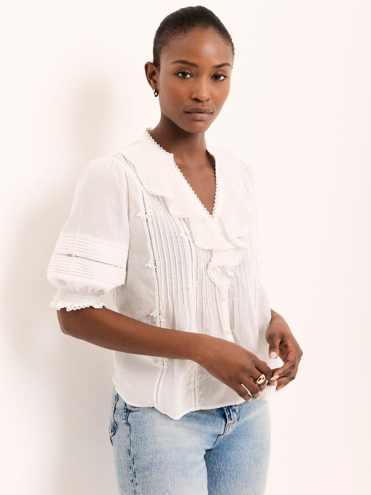 Mint Velvet White Cotton Stripe Ruffle Blouse - Image 1 of 7