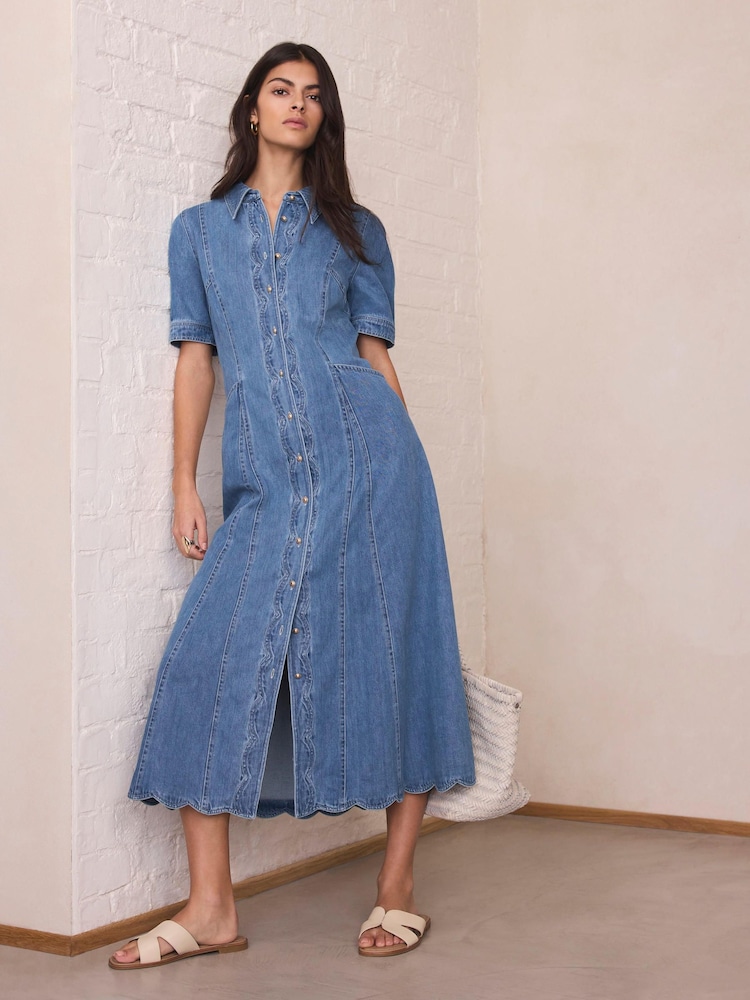 Mint Velvet Blue Denim Scallop Detail Midi Dress - Image 2 of 8