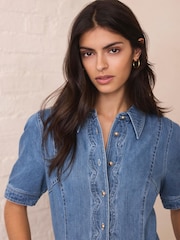 Mint Velvet Blue Denim Scallop Detail Midi Dress - Image 4 of 8