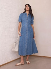 Mint Velvet Blue Denim Scallop Detail Midi Dress - Image 5 of 8