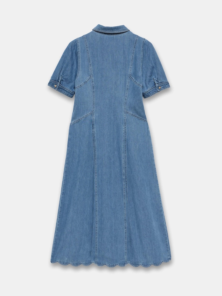 Mint Velvet Blue Denim Scallop Detail Midi Dress - Image 8 of 8
