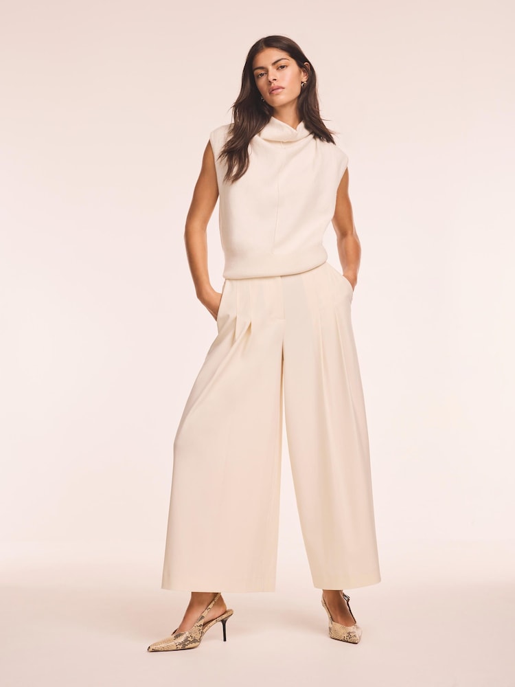 Mint Velvet Cream Pleat Detail Crop Wide Trousers - Image 1 of 4