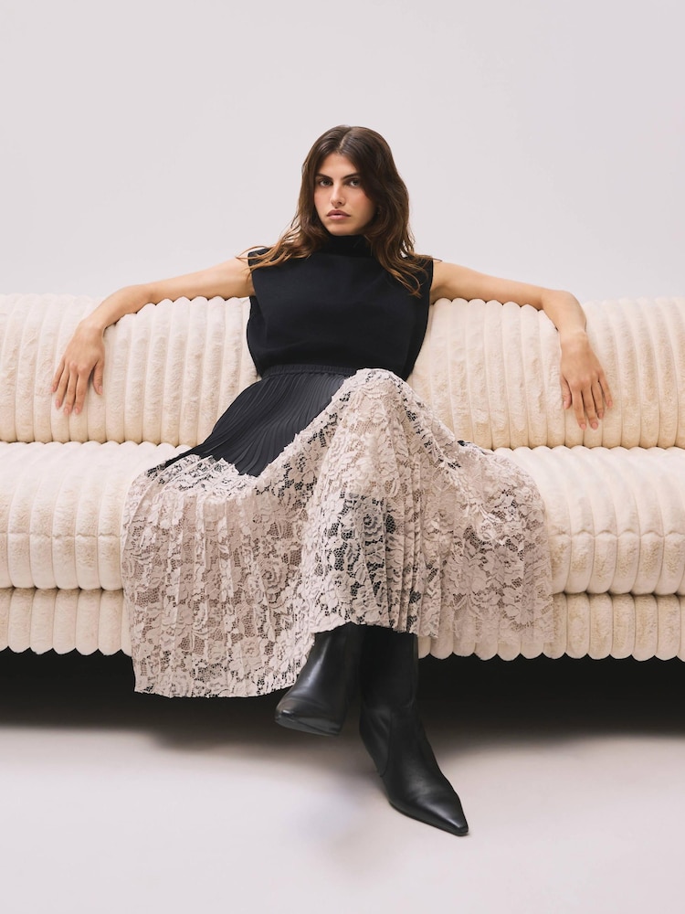 Mint Velvet Black Pleated Lace Detail Midi Skirt - Image 1 of 7 Mint Velvet Black Pleated Lace Detail Midi Skirt - Image 1 of 7