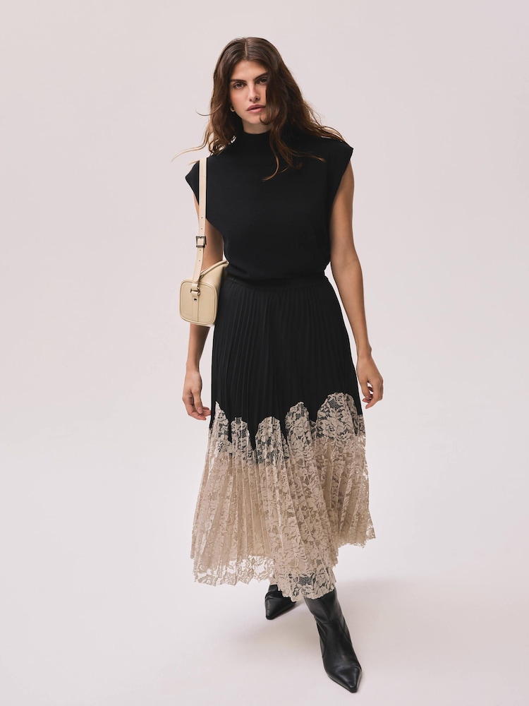 Mint Velvet Black Pleated Lace Detail Midi Skirt - Image 2 of 7 Mint Velvet Black Pleated Lace Detail Midi Skirt - Image 2 of 7
