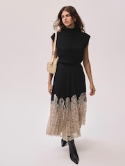 Mint Velvet Black Pleated Lace Detail Midi Skirt - Image 3 of 7