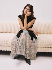 Mint Velvet Black Pleated Lace Detail Midi Skirt - Image 4 of 7