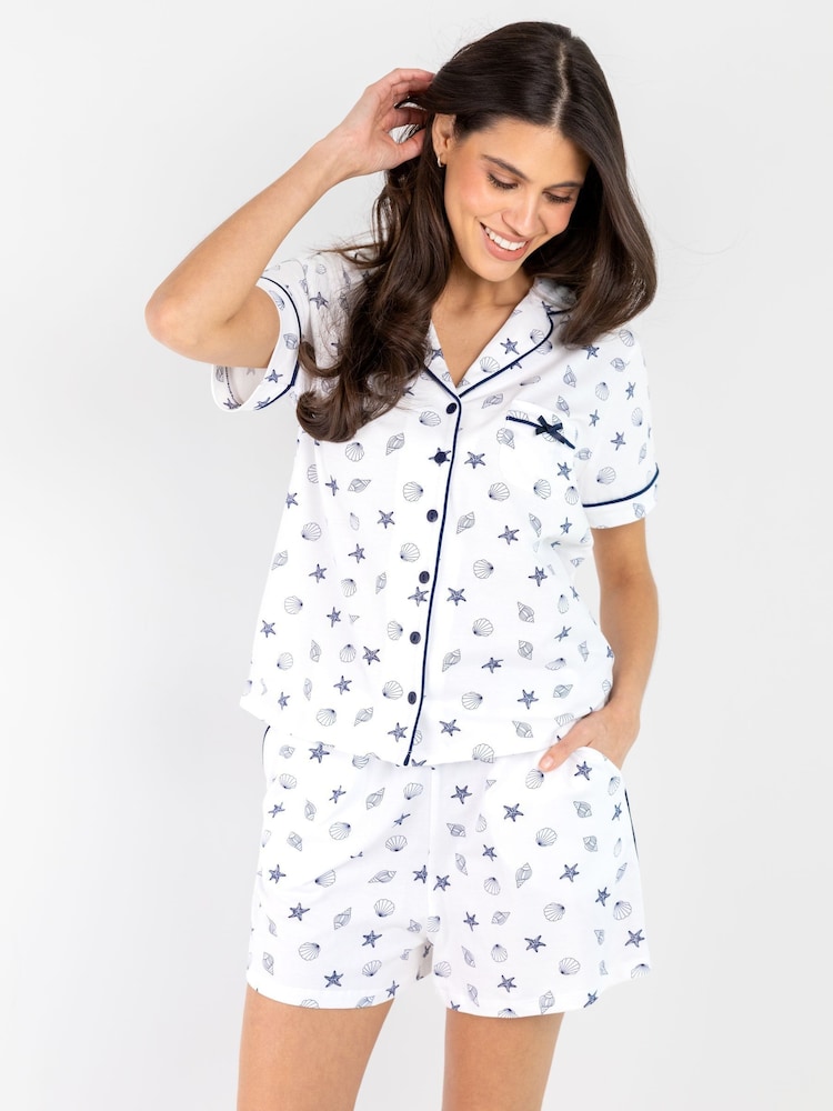 Pour Moi Navy Cotton Jersey Bow Print Cuban Collar Short Pyjamas Set - Image 1 of 4