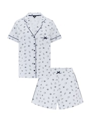 Pour Moi Navy Cotton Jersey Bow Print Cuban Collar Short Pyjamas Set - Image 4 of 4