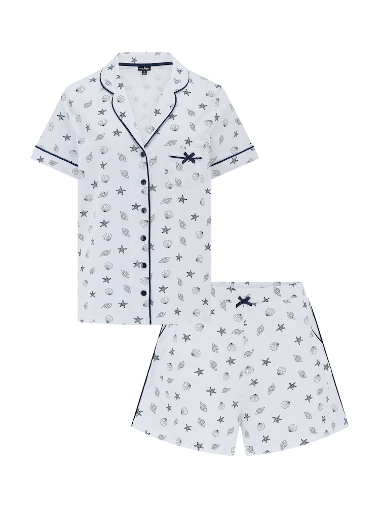 Pour Moi Navy Cotton Jersey Bow Print Cuban Collar Short Pyjamas Set - Image 4 of 4