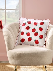 Catherine Lansfield Red Strawberry Embroidered Scalloped Edge Cushion - Image 1 of 2