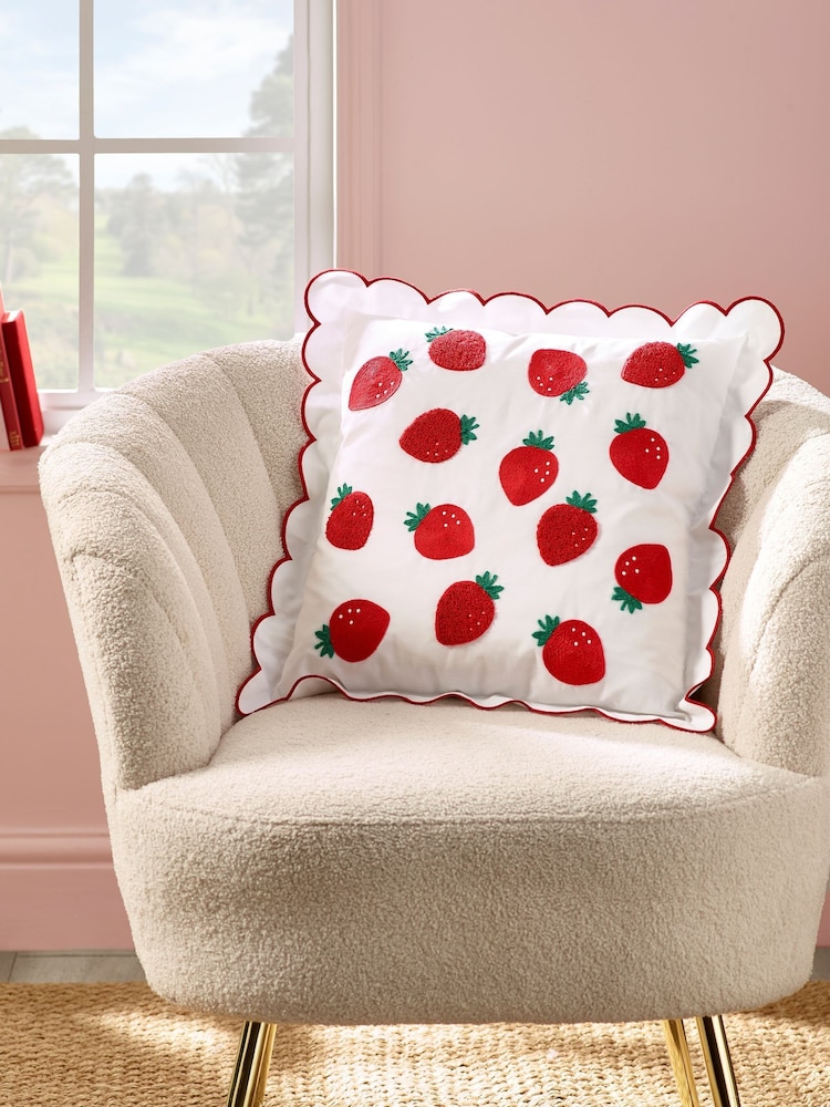 Catherine Lansfield Red Strawberry Embroidered Scalloped Edge Cushion - Image 1 of 2