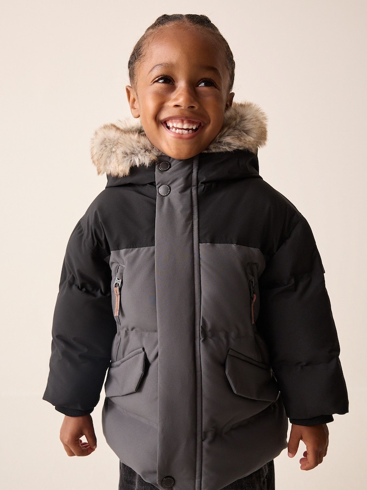 Black/Grey Waterproof Padded Coat (12mths-10yrs) - Image 1 of 10 Black/Grey Waterproof Padded Coat (12mths-10yrs) - Image 1 of 10