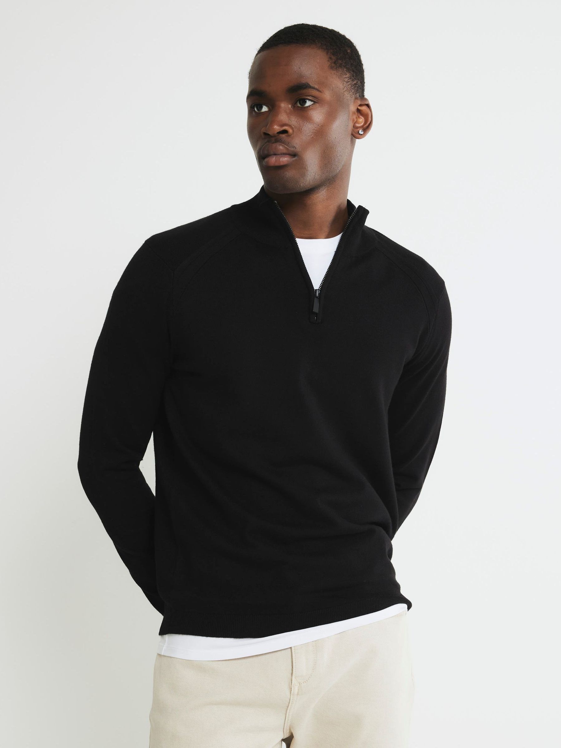 Buy River Island Black Slim Fit Premium Viscose Quarter Zip Jumper