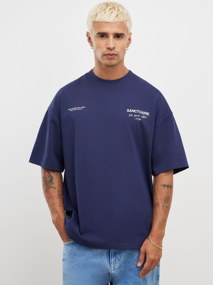 River Island Blue Oversized Fit Sanctuaire T-Shirt - Image 1 of 4