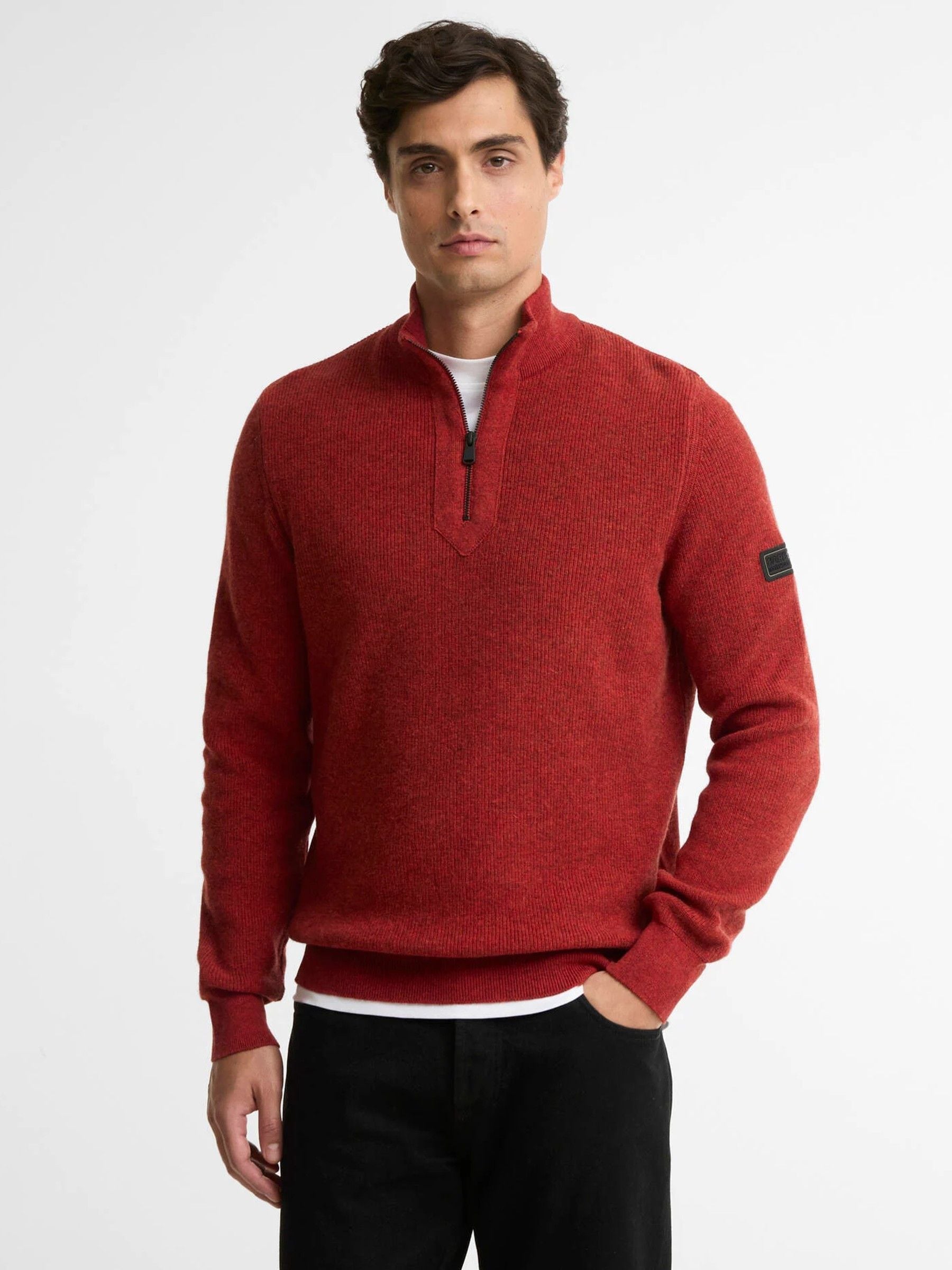 Barbour International Mens Crawley Quarter Zip Wool-Cotton Knitted Jumper, Red, Size S, Men - Image 3