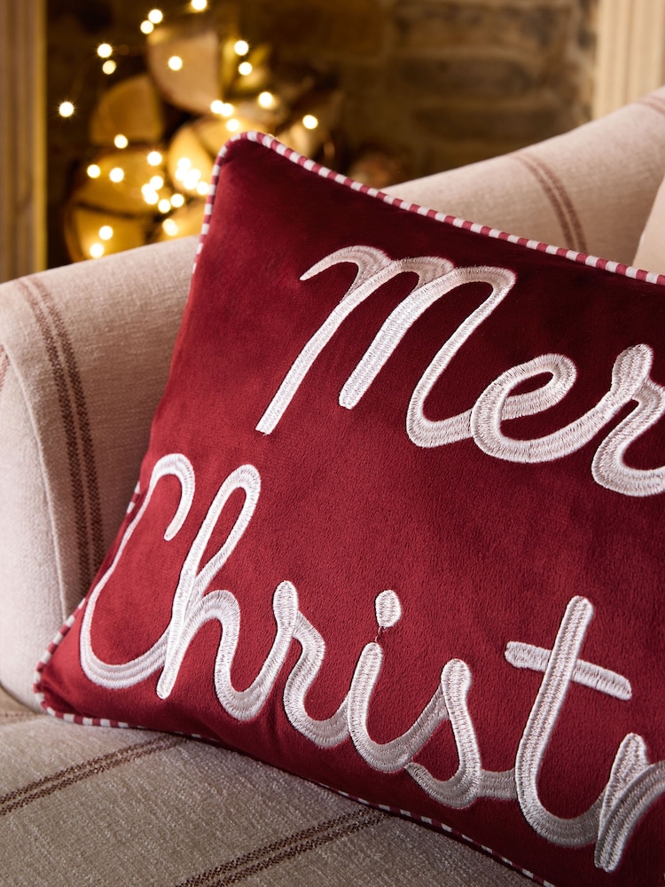 Red Merry Christmas Embroidered Slogan Cushion - Image 2 of 4 Red Merry Christmas Embroidered Slogan Cushion - Image 2 of 4