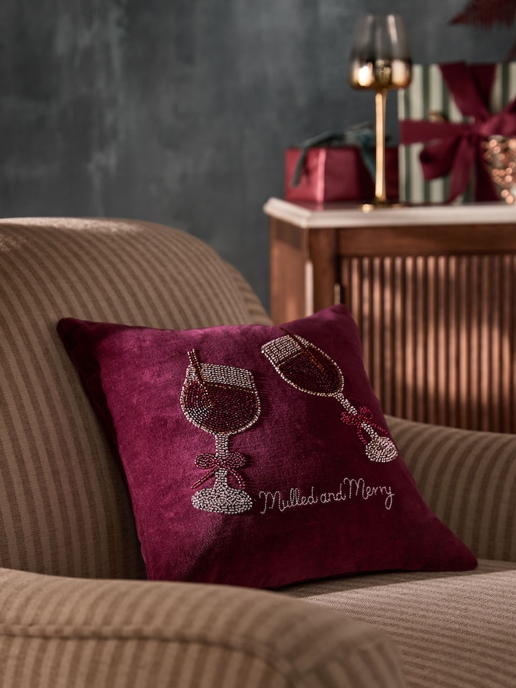 Burgundy Red 35 X 35cm Christmas Embellished Mulled Wine Cushion - Image 1 of 4 Burgundy Red 35 X 35cm Christmas Embellished Mulled Wine Cushion - Image 1 of 4