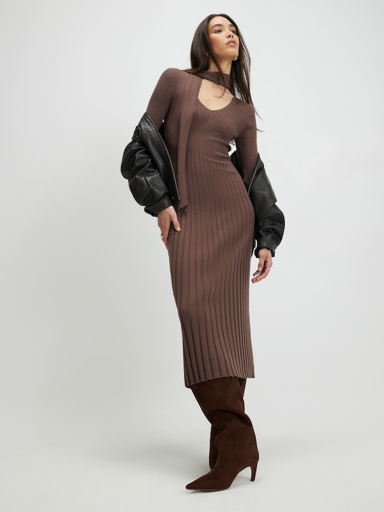 River Island Brown Long Sleeve Tie Neck Ribbed Midi Dress - Image 1 of 4