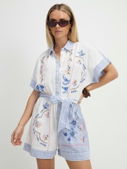 River Island Petite Stripe Embroidered Belted Playsuit - Image 1 of 4