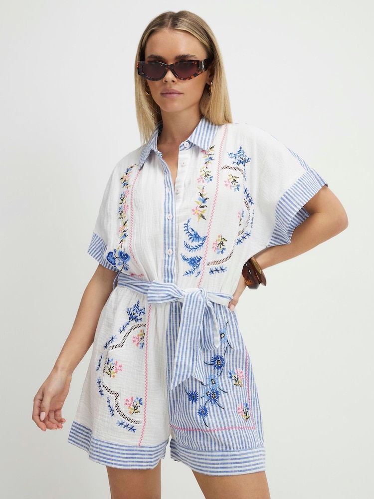 River Island Petite Stripe Embroidered Belted Playsuit - Image 1 of 4