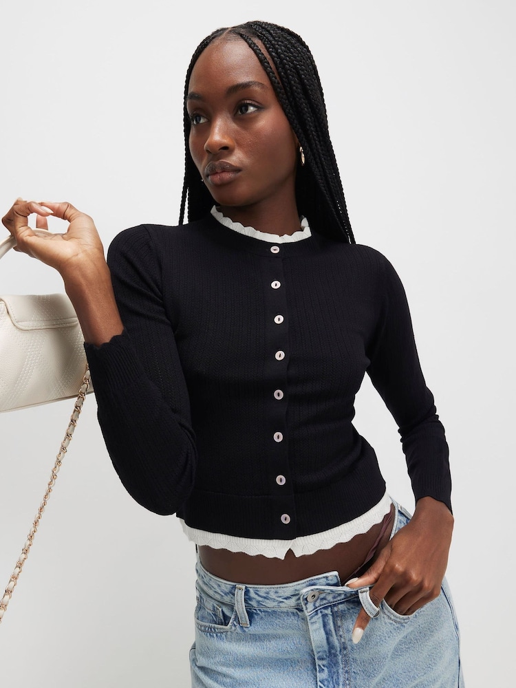 River Island Black Scallop Trim Tipped Cardigan - Image 2 of 4