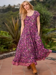 Joe Browns Purple Petite Heidi Crinkle Cotton Border Print Dress - Image 1 of 6