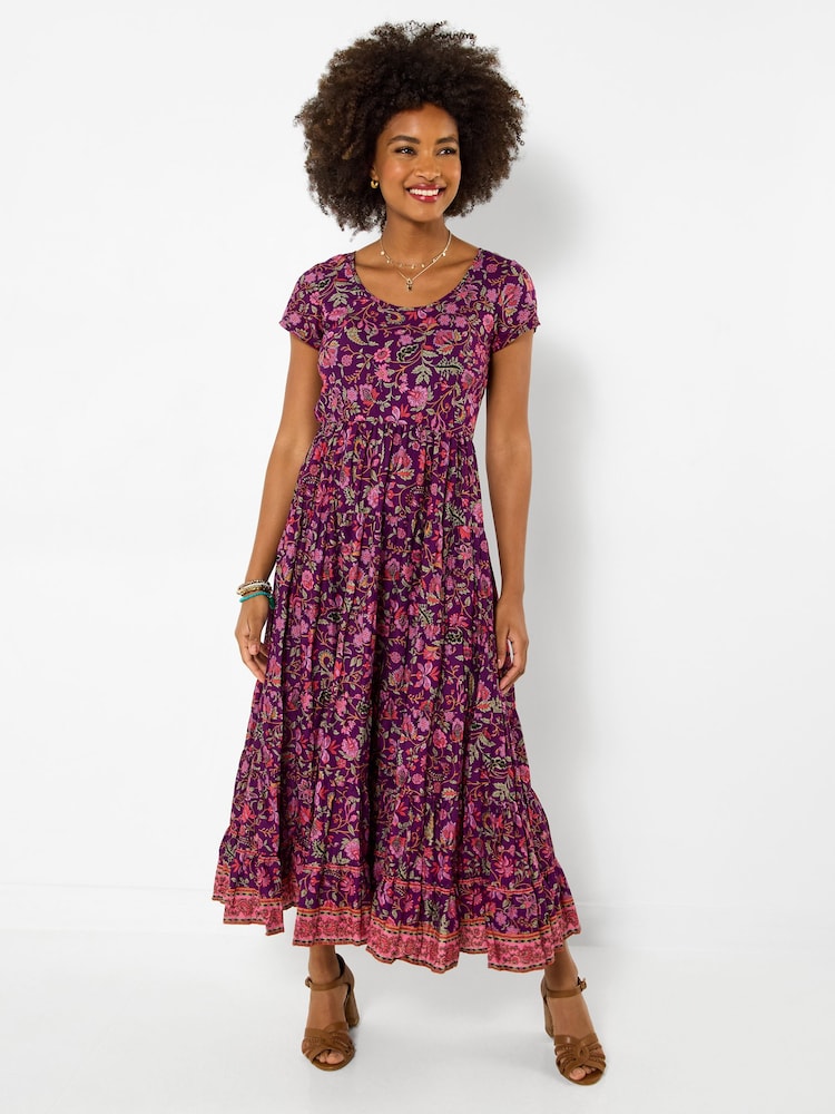 Joe Browns Purple Petite Heidi Crinkle Cotton Border Print Dress - Image 2 of 6