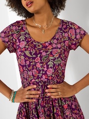 Joe Browns Purple Petite Heidi Crinkle Cotton Border Print Dress - Image 3 of 6