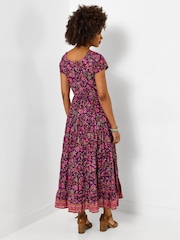 Joe Browns Purple Petite Heidi Crinkle Cotton Border Print Dress - Image 4 of 6