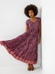 Joe Browns Purple Petite Heidi Crinkle Cotton Border Print Dress - Image 5 of 6
