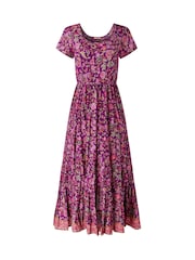Joe Browns Purple Petite Heidi Crinkle Cotton Border Print Dress - Image 6 of 6