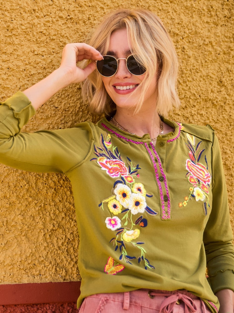 Joe Browns Green Gabriela Embroidered Henley Top - Image 1 of 6