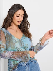 Joe Browns Blue Summer Joy Long Sleeve Mesh Top - Image 3 of 6