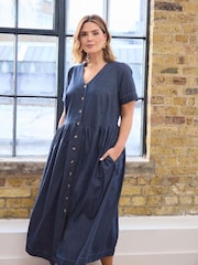 Evans Blue Short Sleeve Button Thru Denim Maxi Dress - Image 1 of 3